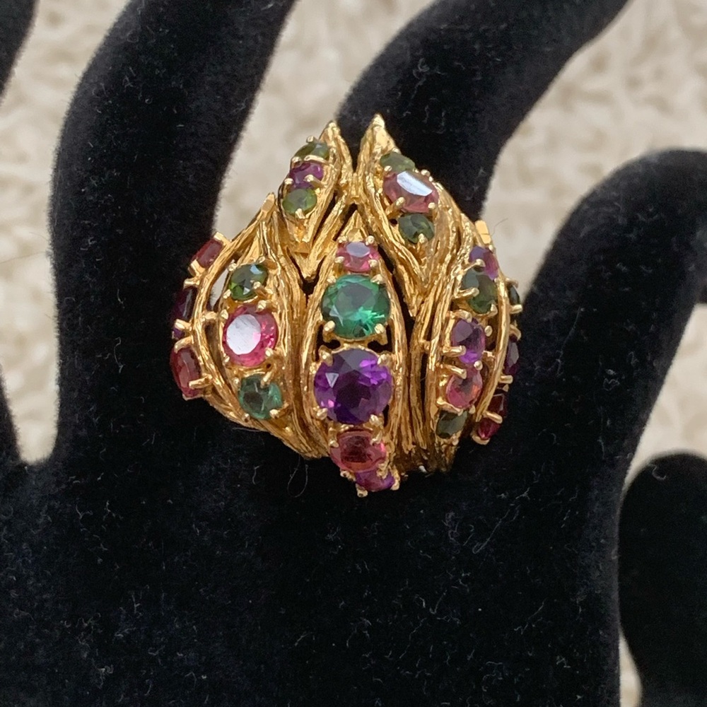 Antique 18k yellow gold BIG statement ring natural gemstones size 8 1/2.19grams